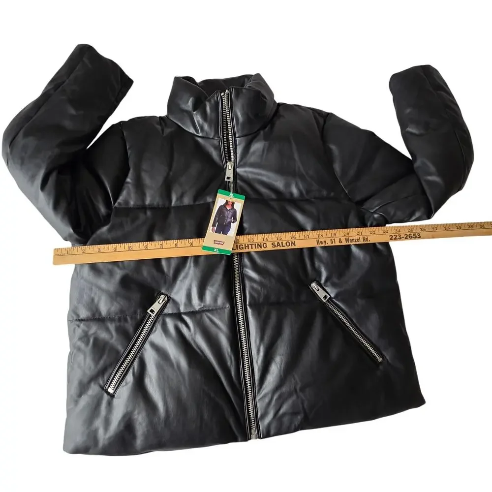 New Levi Strauss Faux Leather Short Puffer Zip up Black Women's Jacket Size XL - Picture 11 of 11